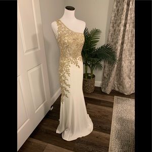 Long. one shoulder, embellished evening gown